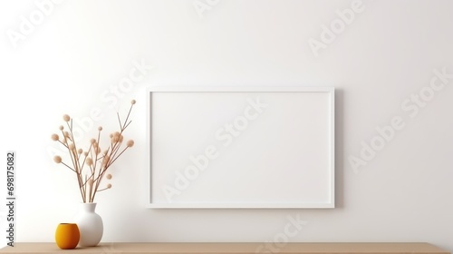 Mock-up landscape picture frame aspect ratio 16:9 on the table in the white cozy interior hyper