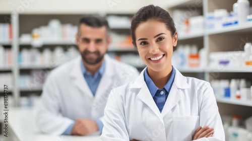 Professional pharmacist serving a customer behind the counter in a pharmacy