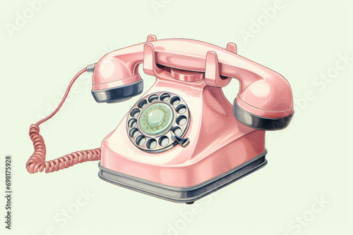 old pink corded rotary telephone illustration. Vintage landline telecommunication device