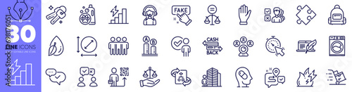 Video conference, Timer and Fake information line icons pack. Agent, Fire energy, Backpack web icon. Keys, Cashback card, Justice scales pictogram. People voting, Opinion, Water drop. Vector