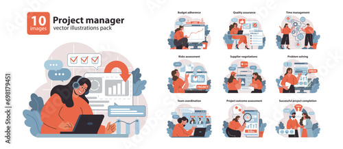 Project Manager set. Strategic planning and effective communication. Navigating budget and time constraints. Ensuring quality, assessing risks. Flat vector illustration.