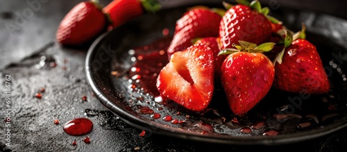 Fresh strawberries and strawberry syrup on a black plate, served with cheesecake.