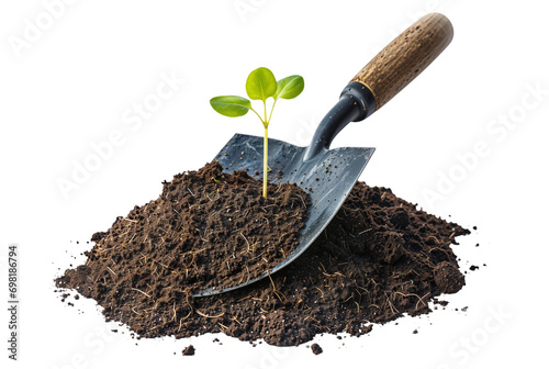 A pile of earth dirt with a small young sprout plant growing, a small garden shovel in soil, png isolated on white or transparent background