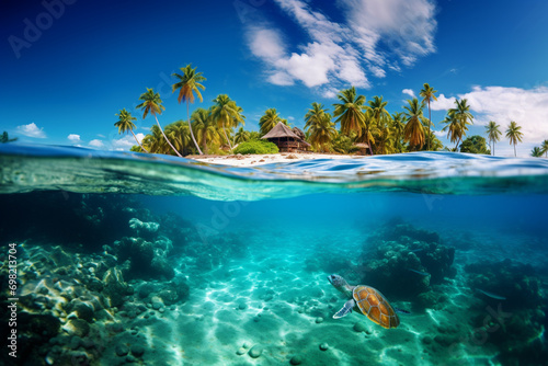 tropical island in the clear water sea with cute swimming turtle 