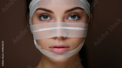 face of a young woman in bandages after plastic surgery, portrait of a beautiful girl, model, medicine, treatment, wound, recovery, skin, health, hospital, illness, studio, photo, black background