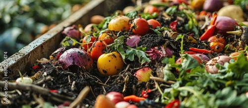 Organic waste mix of vegetables and fruits in large compost container.