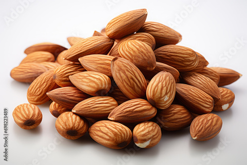 a handful of almonds on a white background with a shadow. peeled nuts. a snack, a healthy product.