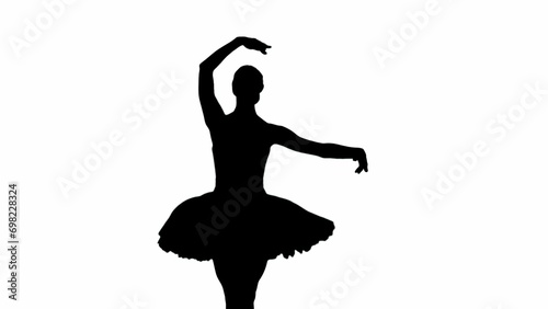 Silhouette of female isolated on white background with alpha channel. Full shot ballerina silhouette in tutu dancing choreography.
