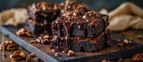 Stack of chocolate brownie cakes with melted chocolate and walnuts.