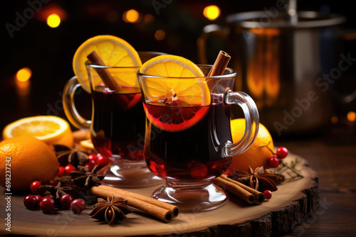 Two glasses of traditional christmas mulled wine or grog with spices and citrus on background