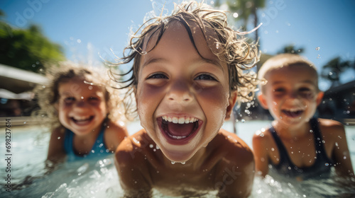 little laughing children playing in a water park, a child splashing in a summer outdoor pool, portrait, toddler, kid, person, entertainment, vacation, emotional face, smile, joy, happiness