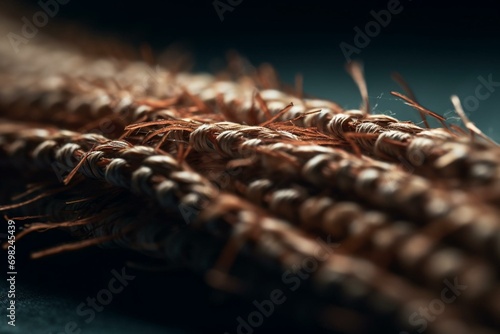 Macro close-up of baseball stitch seam fibers and threads with shallow depth of field, suitable for copy space. Generative AI