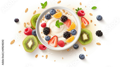 Delicious bowl of yogurt topped with fresh fruit and crunchy nuts. Perfect for healthy breakfast or snack.
