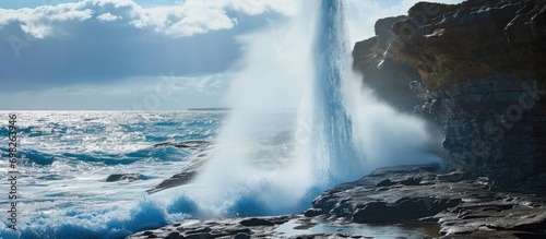 Water spouts from blowhole on Espanola Island coast.