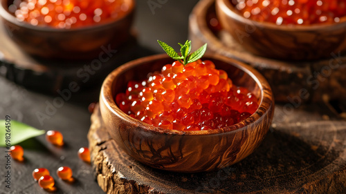 delicious fresh red fish caviar in a wooden bowl