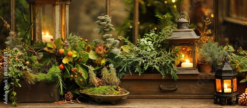 Christmas garden display with helleborus niger, prickly heat, senecio cineraria, and coniferous plants in wooden box and lantern.