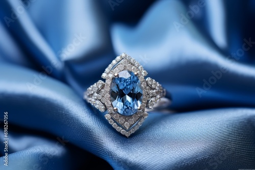Sapphire and diamond ring on blue satin fabric
