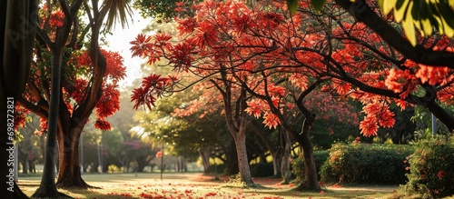 Colorful trees with blooming red flowers in a park: Royal poinciana and peacock flower trees.