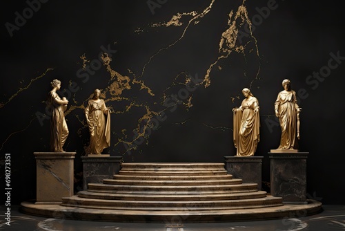 round podium with gold-plated Greek pillars for the presentation of luxury products. stone rome stand with glowing light arch and ancient marble columns. dark background