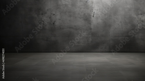  a black and white photo of a room with a concrete wall and a light in the middle of the room.
