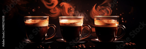 Three steaming cups of coffee on black background with scattered coffee beans.