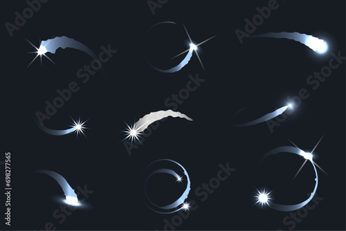 Magic Star light curve tail. Flare Christmas star line trail and transparent element motion. Vector isolated shining light effects