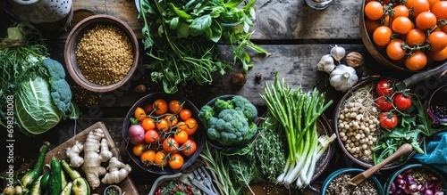 Ethical eating with plant-based vegan food consisting of vegetables, fruits, grains, legumes, and nuts; rich in protein, antioxidants, vitamins, and fiber.