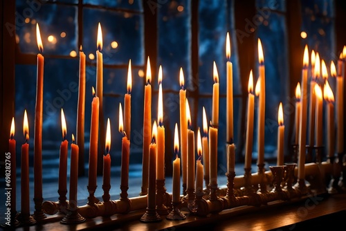  Chanukah candles in front of window at night