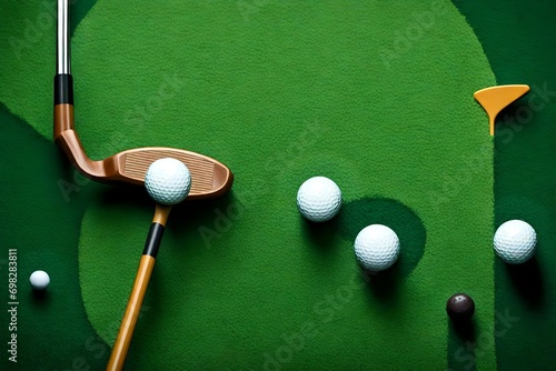 Mini golf clubs and balls on putting green web banner with copy space