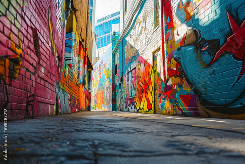 Street art district, an urban landscape featuring vibrant street art murals, creating a colorful and dynamic setting with copy space for creative and artistic promotions.