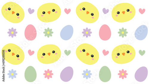 Easter seamless pattern: Easter Chicks and Eggs Delight A cheerful pattern with yellow chicks, colorful Easter eggs, and hearts.