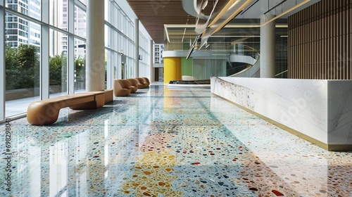 A terrazzo tile floor design incorporating recycled glass pieces in a rainbow of colors, ideal for an eco-friendly and modern building lobby.