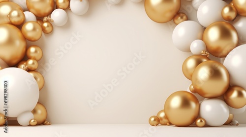 golden circle with balloons, blank space in center, birthday background, copy space, 16:9