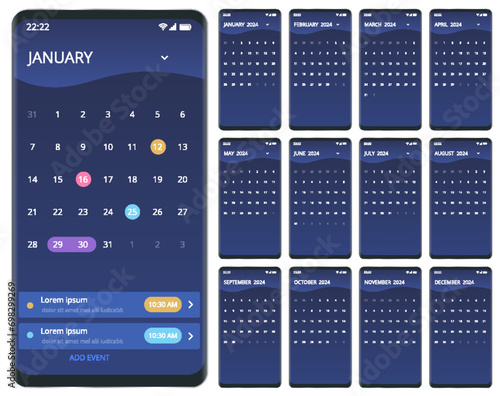 Calendar planner for 2024. Calendar for 2024 year. Smartphone with a calendar, one month plans. Design print template. Set of 12 calendar pages.
