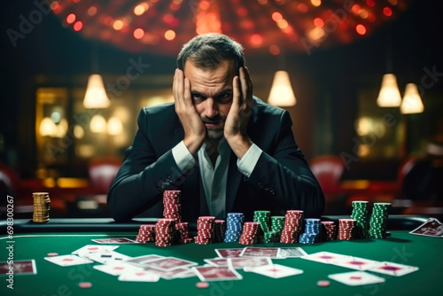 Sad Businessman Losing Poker Game at Casino