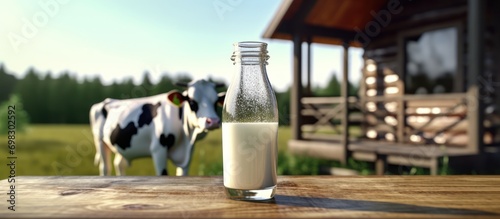 A glass and a bottle of pure milk on a wooden table with a cow farm in the background