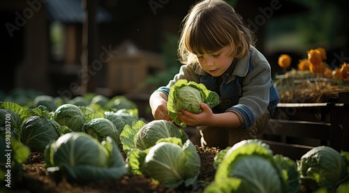 Girl is picking green cabbage in the garden