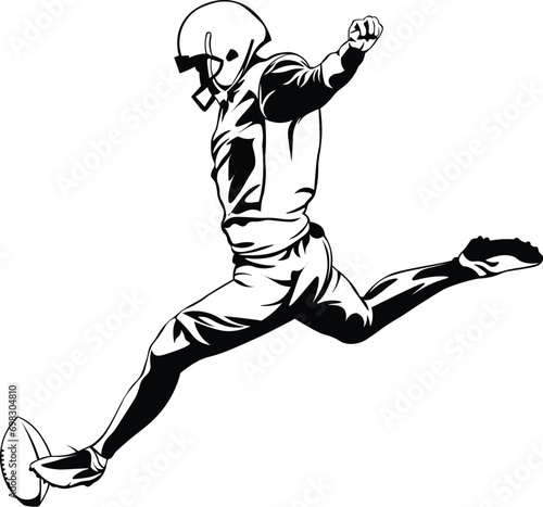 Cartoon Black and White Isolated Illustration Vector Of An American Football Player Kicking the Ball