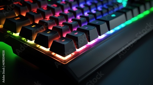 Closeup a gaming keyboard with RGB light. digital accessory background. 