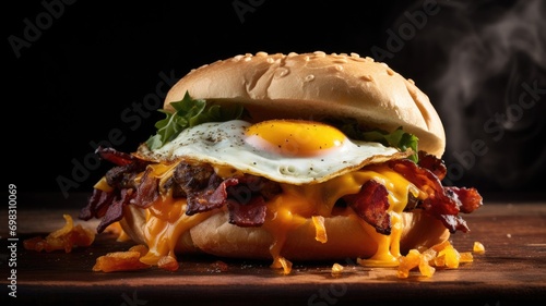 Decadent cheeseburger with bacon and a fried egg on top