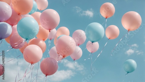 AI-generated illustration of pastel blue and pink helium balloons soaring in the sky