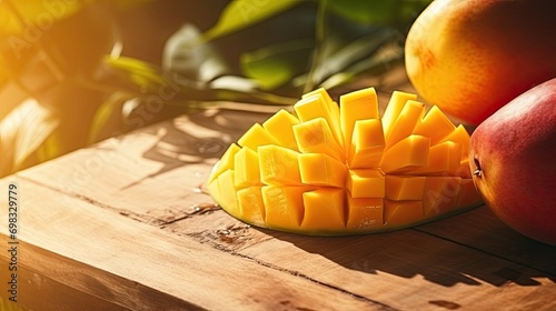 Portrait mango slice on the table with light exposure AI Generative
