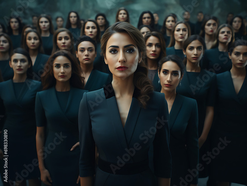 Retrato grupal de mujeres empoderadas, líderes y fuertes, apoyándose entre sí