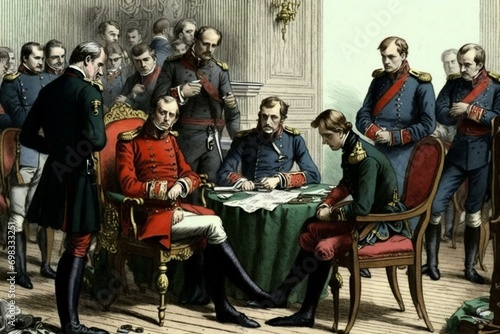 Napoleon and council members during coup. 1890 illustration. Generative AI