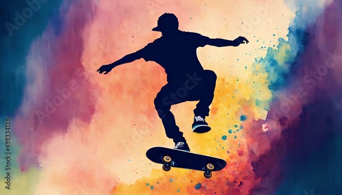 スケートボード、飛び越えるスケートボーダー、水彩画｜Skateboard, jumping skateboarder, watercolor painting. Generative AI