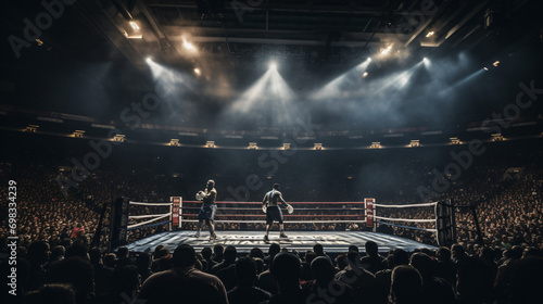 An intense boxing match in a crowded arena.