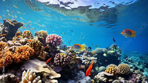 A coral reef teeming with marine life showcasing the beauty and fragility of underwater ecosystems.