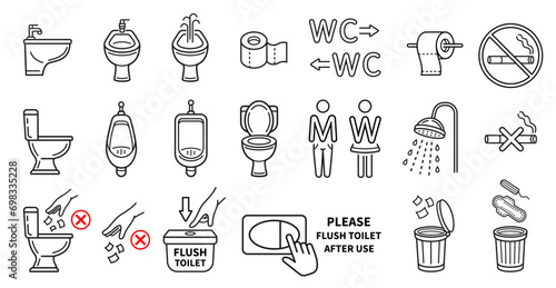 Public toilet WC, man and woman restroom, male urinal, bidet, shower room, bathroom plumbing line icon set. Paper tissue towel roll for body hygiene. Flush water in lavatory. Throw trash in bin vector