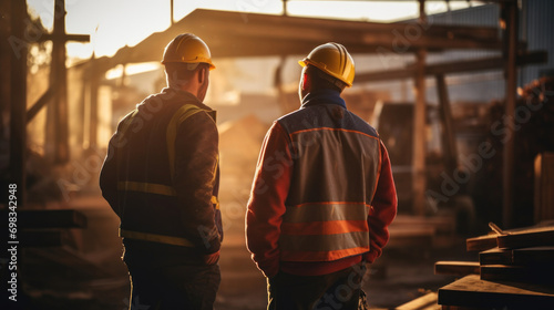 The golden hour sunlight flares over a construction site, where workers are engaged in early morning activities.