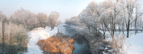 The wetland park is covered with snow in winter